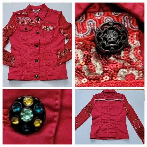 Desigual Red Embroidered Jean Jacket with Patterned Sleeves / 38 - Picture 3 of 10